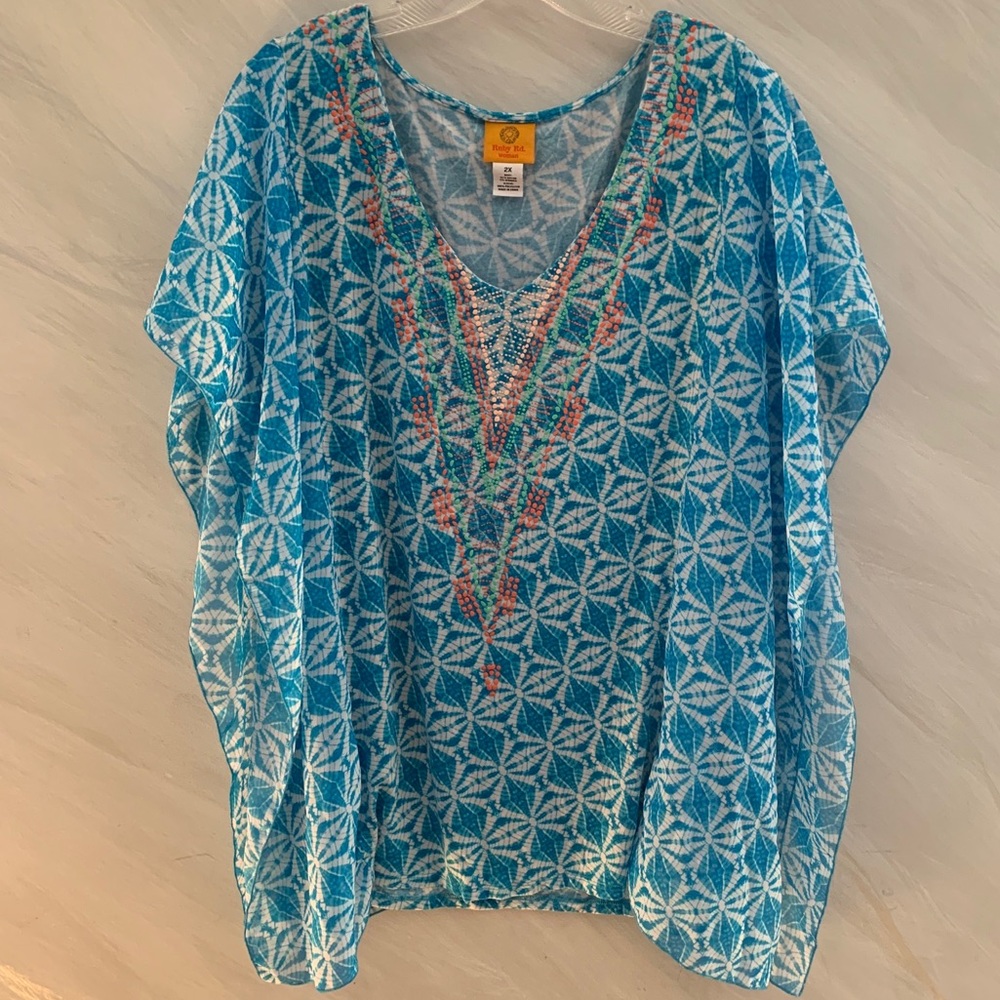 Ruby Rd. Women’s 2X Aqua Blue/White V-Neck Short Sleeve Kimono Style Blouse Top